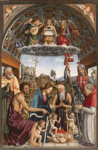 Madona v adoraci Dítěti s putti se symboly umučení, hudební andělé, světci Josef, Jan Křtitel, Jeroným, Solutor a donátor Amedeo z Romagnana, 1505 od Macrino dAlba