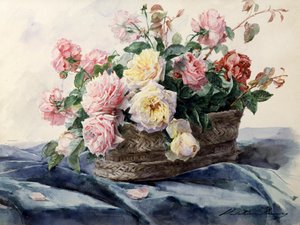 Košík růží. Obraz Madeleine Jeanne Lemaire (1845-1928) Soukromá sbírka.