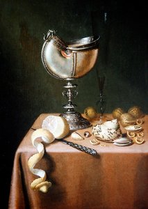 Zátiší s pohárem Nautilus, loupaným citronem a vlašskými ořechy (olej na desce)