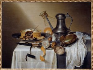 Zátiší s paštikovou paštikou s citronem a cínovou karafou. Obraz Maerten Boelema de Stomme (1611-1664) 17. století Sun. 0,6x0,79 m Nantes, Musee des Beaux Arts
