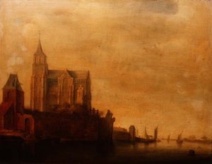 Groote Kerk s výhledem na hlavní věž, Emmerich v říční krajině s plachetnicemi od Maerten Fransz van der Hulst