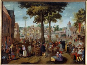 Vlámský veletrh Večírek ve vesnici, opilí muži jsou nemocní, jiní si hrají, někteří spí. obraz Martina van Cleve (1527-1581) Caen 16. století, Muzeum výtvarných umění