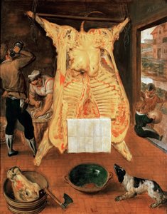 Le boeuf abattu - Zabitý vůl - Marten van Cleve (van Cleef), starší (1527-1581). Olej na dřevě