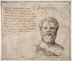Starožitná busta Sofokla, s poznámkami, podle Fulvia Orsiniho (pero a inkoust na papíře) od Maerten van Heemskerck