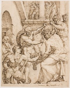Kristus je korunován trním, c. 1548 (pero, hnědý inkoust a černá křída na lesklém papíře) od Maerten van Heemskerck