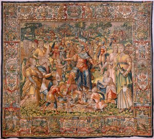 Diecézní muzeum (Diecézní muzeum). Vlámský gobelín. Brusel. Workshop Françoise Geubelse. Seriál Gideonův příběh. Izraelité odevzdávají svou část kořisti Gedeonovi. Hedvábí a vlna. Odkaz Bisho od Maerten van Heemskerck
