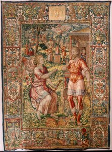 Diecézní muzeum (Museo Diocesano). Vlámský gobelín. Brusel. Ateliér François Geubels. Seriál Příběh Gideona. Gideon a anděl (Gedeón y el ángel). Hedvábí a vlna. Odkaz biskupa Vicente Roca de la Serna. Barokní. 1534-1571, v katedrále od r od Maerten van Heemskerck