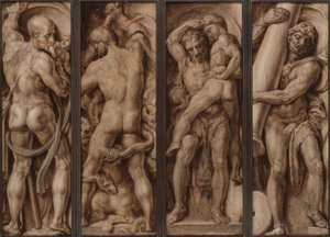 Saturn požírající dítě; Hercules zabíjející Hydru; Herkules zvedání Antaea; Herkules staví sloupy Calpe a Abyla od Maerten van Heemskerck