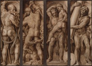 Saturn požírající dítě; Héraklés zabíjející Hydru; Héraklés zvedající Antaia; Héraklés vztyčující sloupy Kalpé a Abyly od Maerten van Heemskerck
