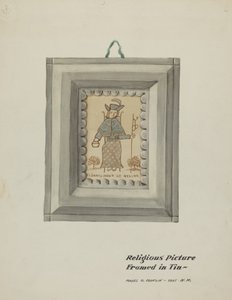 Ručně malovaný Santo Nino de Atocha-ručně vyrobený cínový rám, c. 1937. od Majel G. Claflin