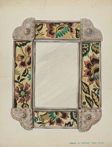 Zrcadlo, rámováno s nástěnnými papírovými panely, ohraničené cínem, c. 1938. od Majel G. Claflin