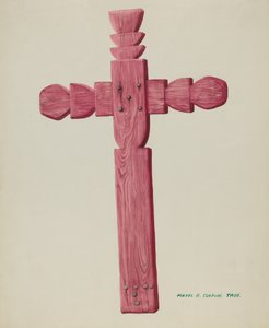Červený dřevěný kříž používaný jako náhrobní kámen, c. 1937. od Majel G. Claflin