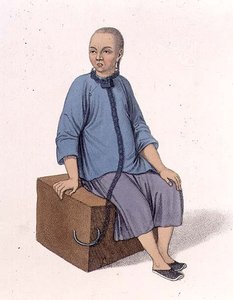 Muž připevněný k velkému bloku dřeva, deska 14 z „The Punishments of China“, vyryl J. Dadley
