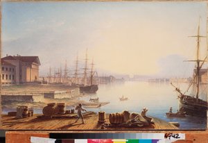 Východ slunce nad Něvou v Petrohradě - obraz Maxima Nikiforoviče Vorobjeva (Vorobjev) (1787-1855), olej na plátně