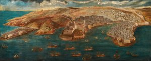 Pohled na Fort Ricasoli, hrad St Angelo, LIsola a Cotonera Lines z Valletty, 1679