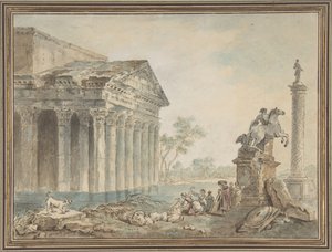 Architektonické Capriccio s římskými památkami a pračkami, n. d. od Manner of Hubert Robert