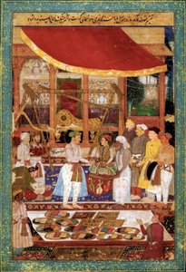 Císař Džahángír váží prince Churráma ve zlatě, asi 1610-1615 (miniatura) od Manohar Manohar