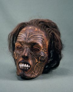 Hlava kmenového náčelníka, tetovaná a mumifikovaná, maorská civilizace od Maori Maori