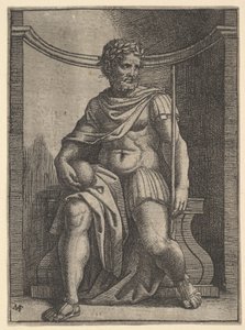 Římský císař sedící ve výklenku držící glóbus a žezlo a hledící na své..., ca. 1500-1534. od Marcantonio Raimondi