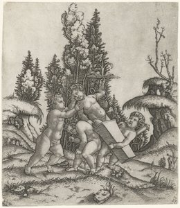 Amor a dva putti nebo děti nesou na podstavci sochu putti s okřídlenou kotvou od Marcantonio Raimondi