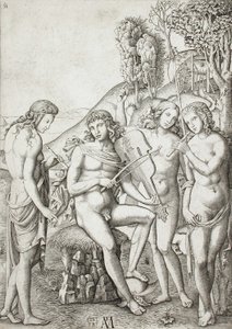 Apollón vyučující Grácie hudbě od Marcantonio Raimondi