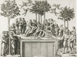 Apollo na Parnasu, obklopen múzami a básníky od Marcantonio Raimondi