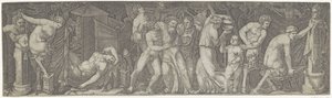 Bacchanal s opilým Bakchem a satyry a maenady od Marcantonio Raimondi