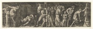 Bacchanal s opilým Bakchem a Satyry a Maenads od Marcantonio Raimondi
