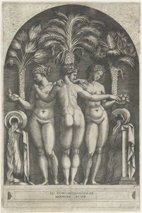 Tři Grácie stojící ve výklenku před třemi palmami a po stranách džbány, z nichž vytéká voda. od Marcantonio Raimondi