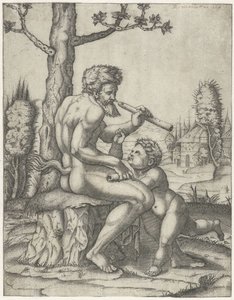 Faun s flétnou hraje s dítětem od Marcantonio Raimondi