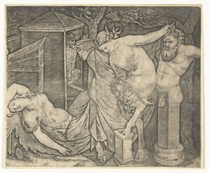 Fragment Bacchanal se satyrskou ženou a Hermem a spící Bacchante od Marcantonio Raimondi