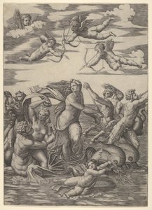 Galatea stojící ve vodním voze taženém dvěma delfíny, obklopený tritony, nere..., 1515-16. od Marcantonio Raimondi