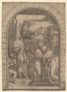 Joachim objímající svatou Annu pod zlatou bránou v Jeruzalémě, po Dürerovi, ca. 1500-1534. od Marcantonio Raimondi