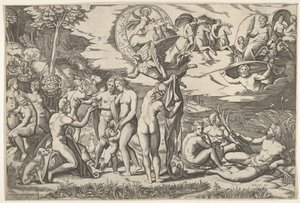 Soud z Paříže: Paris natahuje ruku k Venuši, která stojí mezi Juno a..., ca. 1520-50. od Marcantonio Raimondi