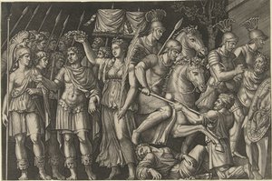 Císař Trajan korunovaný Viktorií stojí vedle ženské personifikace Říma a Římanů v bitvě s Dáky od Marcantonio Raimondi