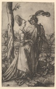 Lord a lady kráčející s postavou smrti schovávající se za stromem, v ruce hodinku..., ca. 1500-1534. od Marcantonio Raimondi