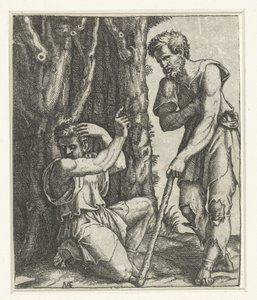 Muž klečí a odvrací se od žebráka na okraji lesa od Marcantonio Raimondi