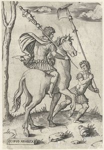Římští generálové Scipio Africanus Maior na koních a Scipio Africanus Minor Římští hrdinové na koních (název série) od Marcantonio Raimondi