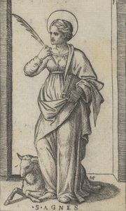 Svatá Anežka stojící a v pravé ruce drží dlaň, vlevo dole ovce, od..., ca. 1500-1527. od Marcantonio Raimondi