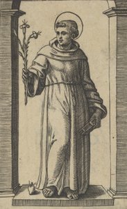 Svatý Antonín Paduánský stojí, lilie ve zdvižené pravici, kniha v..., ca. 1500-1527. od Marcantonio Raimondi