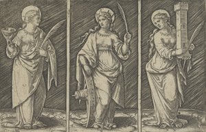 Svatá Barbora vlevo, Svatá Kateřina uprostřed, Svatá Lucie vpravo, ca. 1500-1527., ca. 1500-1527. od Marcantonio Raimondi