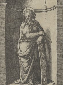Svatá Kateřina stojící ve výklenku, spočívající na kole, svůj mučící nástroj..., ca. 1500-1527. od Marcantonio Raimondi