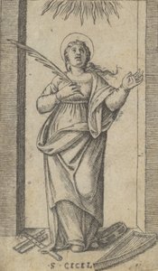 Svatá Cecílie stojící a v pravé ruce drží mučednickou palmu, z moře..., ca. 1500-1527. od Marcantonio Raimondi