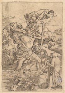 Svatý Kryštof překračující řeku s Kristem v podobě putta na š..., ca. 1500-1534. od Marcantonio Raimondi