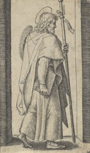 Saint James Major, kniha je jeho pravá ruka, hůl v jeho levé tváří vpravo, od t..., ca. 1500-1527. od Marcantonio Raimondi