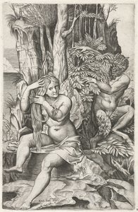 Satyr špehuje nymfu na jejím záchodě Pan a Syrinx od Marcantonio Raimondi