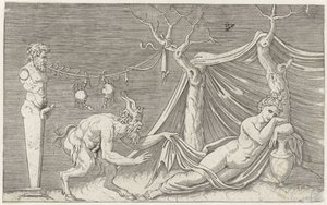 Satyr pronásleduje spící nymfu Mytologické reprezentace po starověkých basreliéfech (název série) od Marcantonio Raimondi