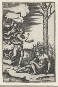 Spící muž a nymfa pronásledovaní Amorem od Marcantonio Raimondi