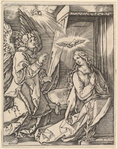 Zvěstování, vlevo archanděl Gabriel přistupuje k modlící se Panně..., ca. 1500-1534. od Marcantonio Raimondi