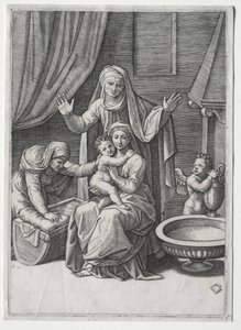 Panna a kolébka se svatou Alžbětou a svatou Annou, 1520. od Marcantonio Raimondi